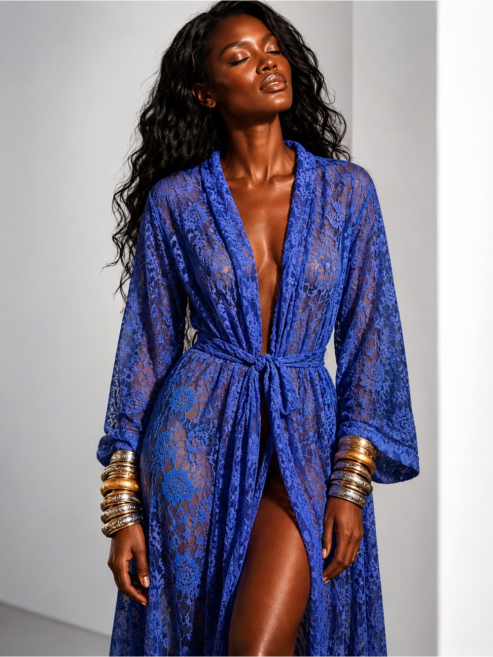 Sheer Lace Long Robe in Royal Blue - Elegant Women’s Intimate Cover-Up